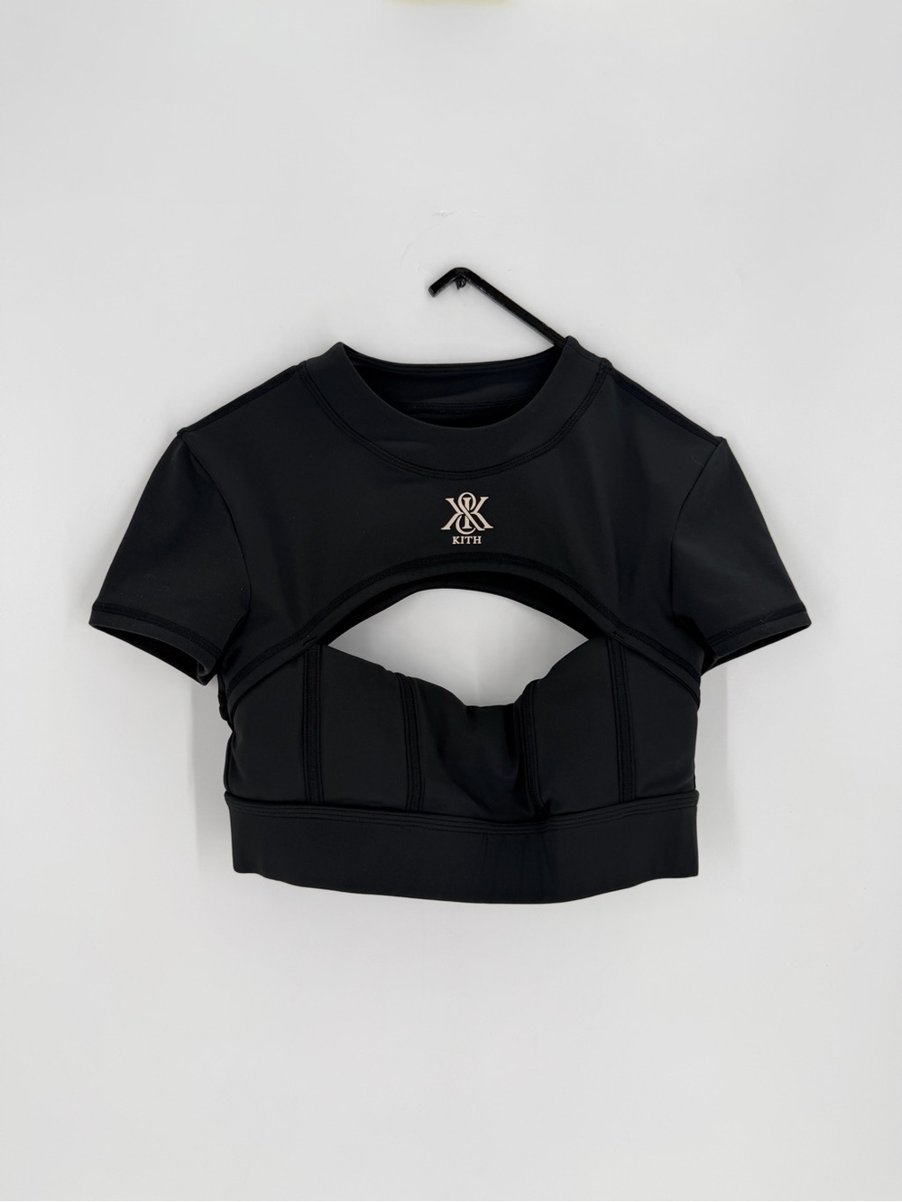 Kith Black Cut Out Corset Logo Layered Short Sleeve Active Sports Cropped Bra
